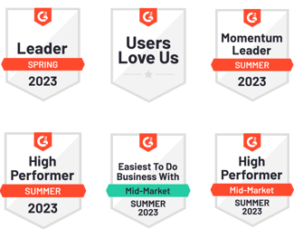 Six G2 badges received by Decision, including Leader, Spring 2023; Users Love Us; Momentum Leader, Summer 2023; High Performer, Summer 2023
